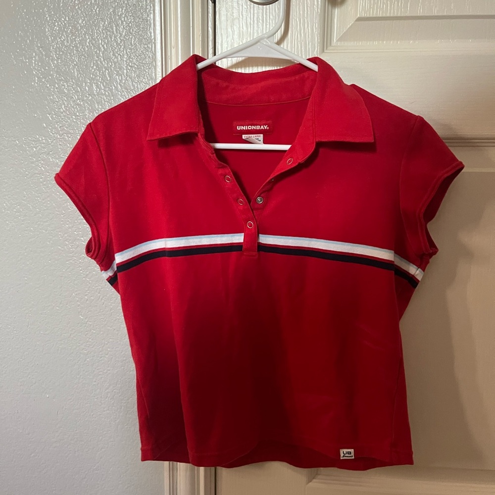 super cute red button down with stripes